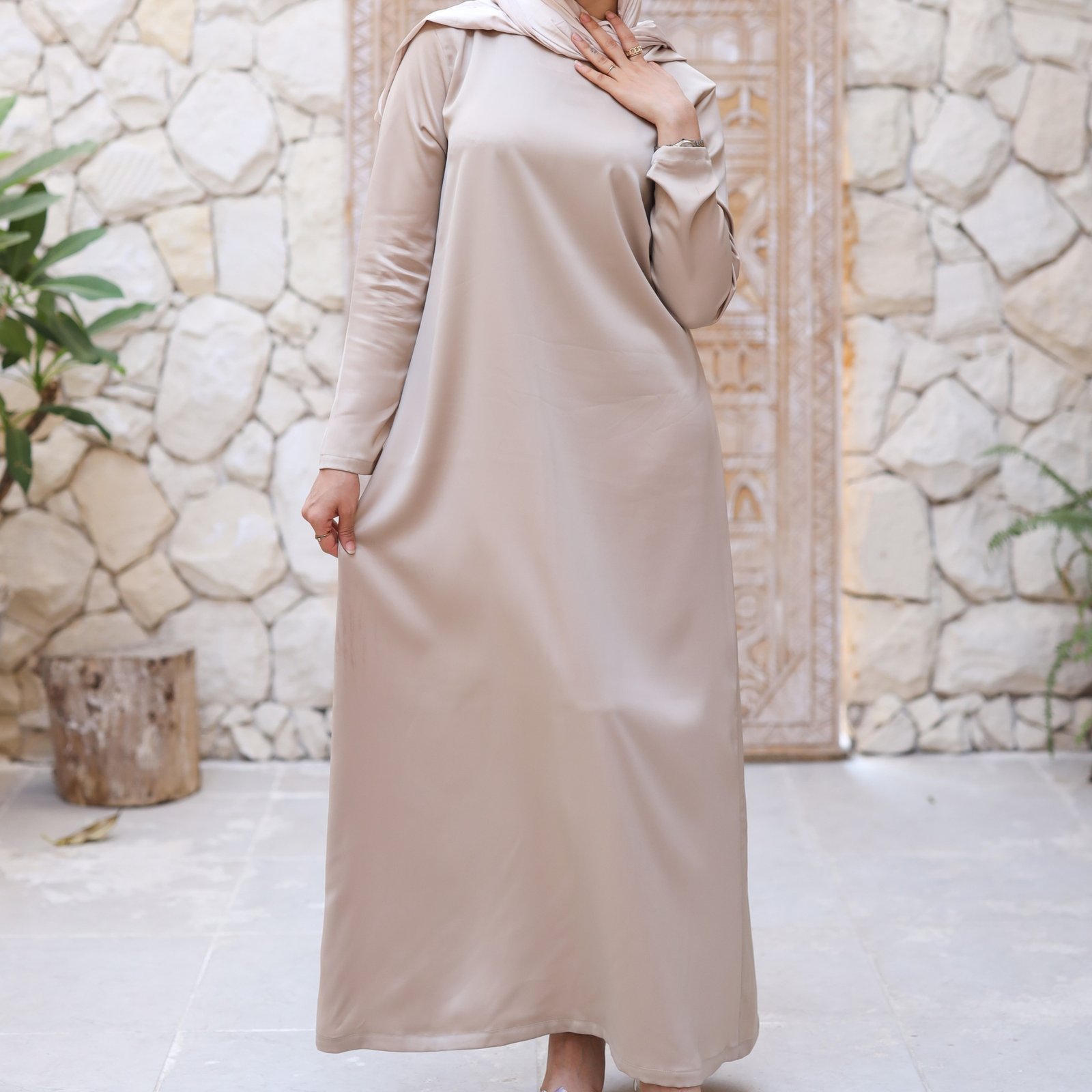 beige satin dress